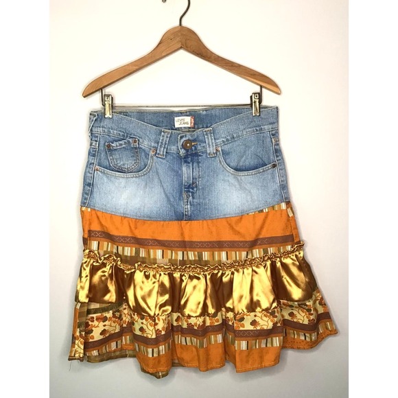 Levi's Dresses & Skirts - Levis Y2K Upcycled Denim Boho Tiered Ruffle Skirt Sz 9 Festival Western Cottage
